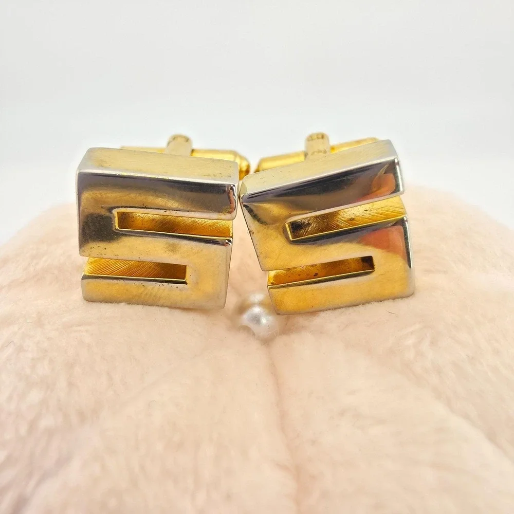 Vintage Monogram 'S' Cufflinks 3D Initial Block Letters Gold Tone FREE $HIPPING!